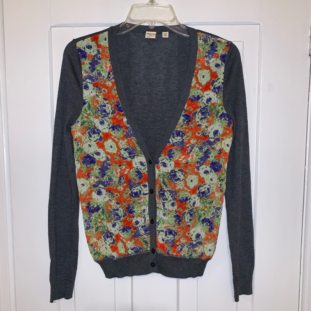 Anthropologie Yellow Bird Floral Grey Cardigan